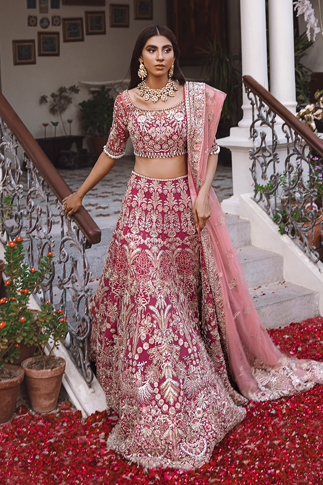 Lipstick Pink Embroidered Net Lehenga Choli (3-Piece) - Image 3