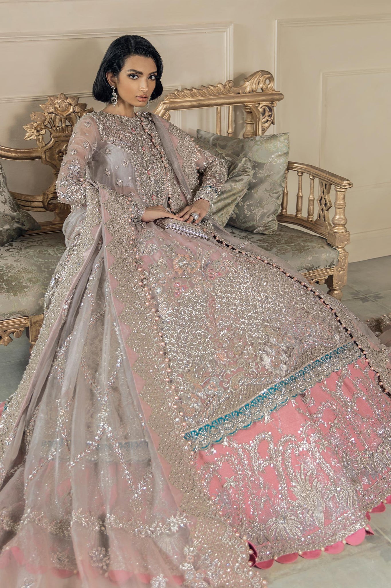 Pakistani Rose Pink Zardozi Net Silk Bridal Lehenga (3-Piece) - Image 3