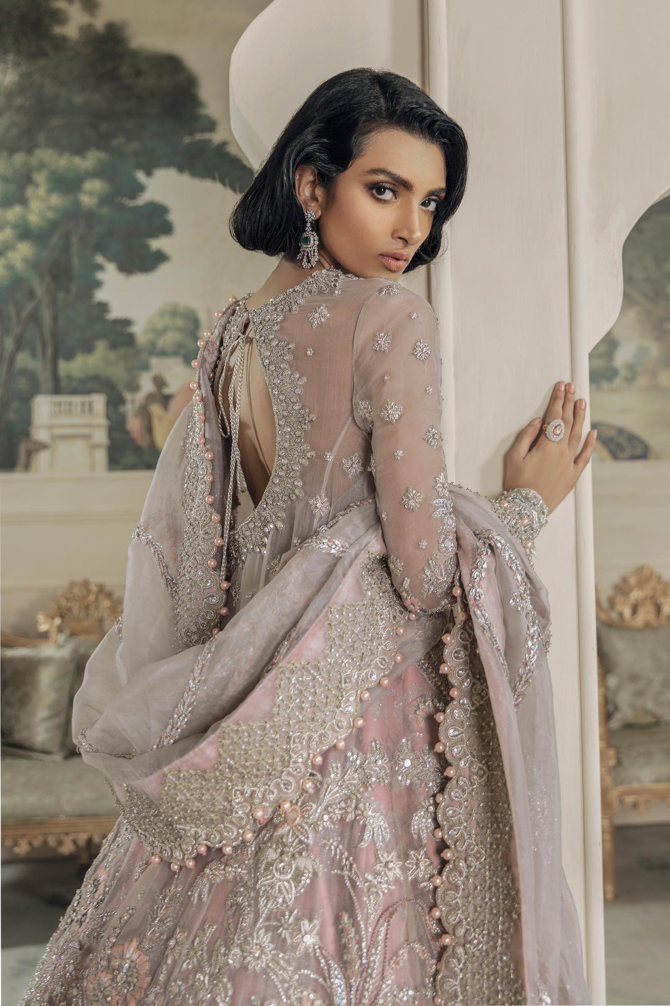 Pakistani Rose Pink Zardozi Net Silk Bridal Lehenga (3-Piece) - Image 4