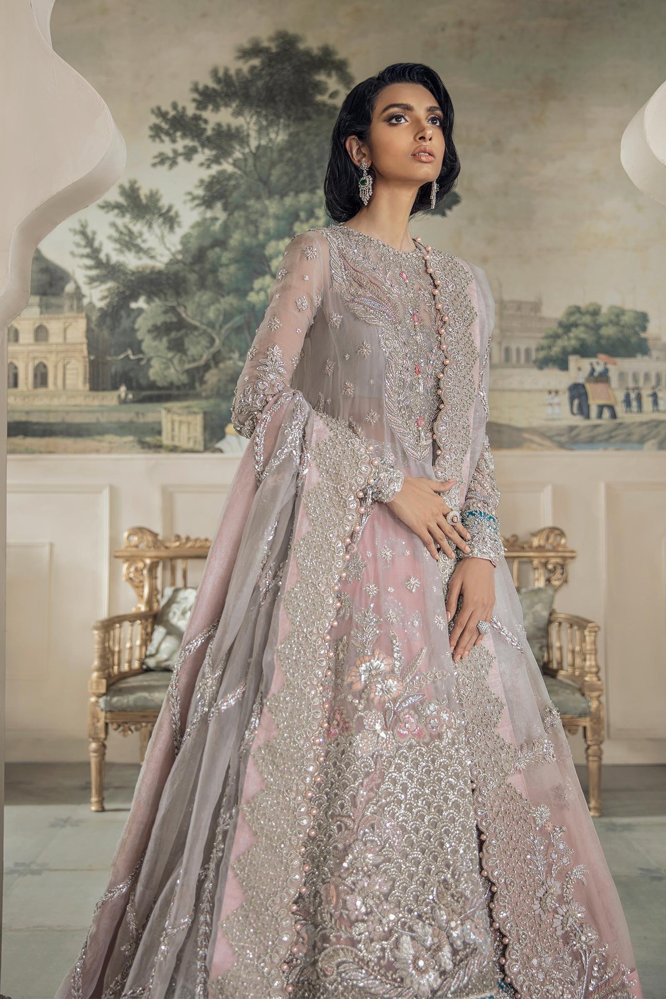 Pakistani Rose Pink Zardozi Net Silk Bridal Lehenga (3-Piece) - Image 5
