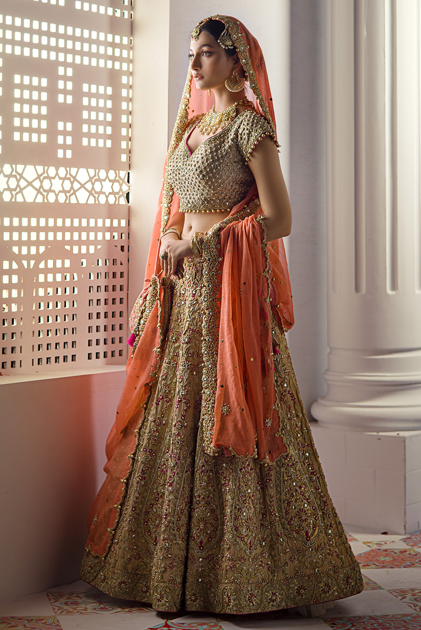 Pakistani Peach Gold Embellished Net Silk-Blend Bridal Lehenga Choli (3-Piece) - Image 1