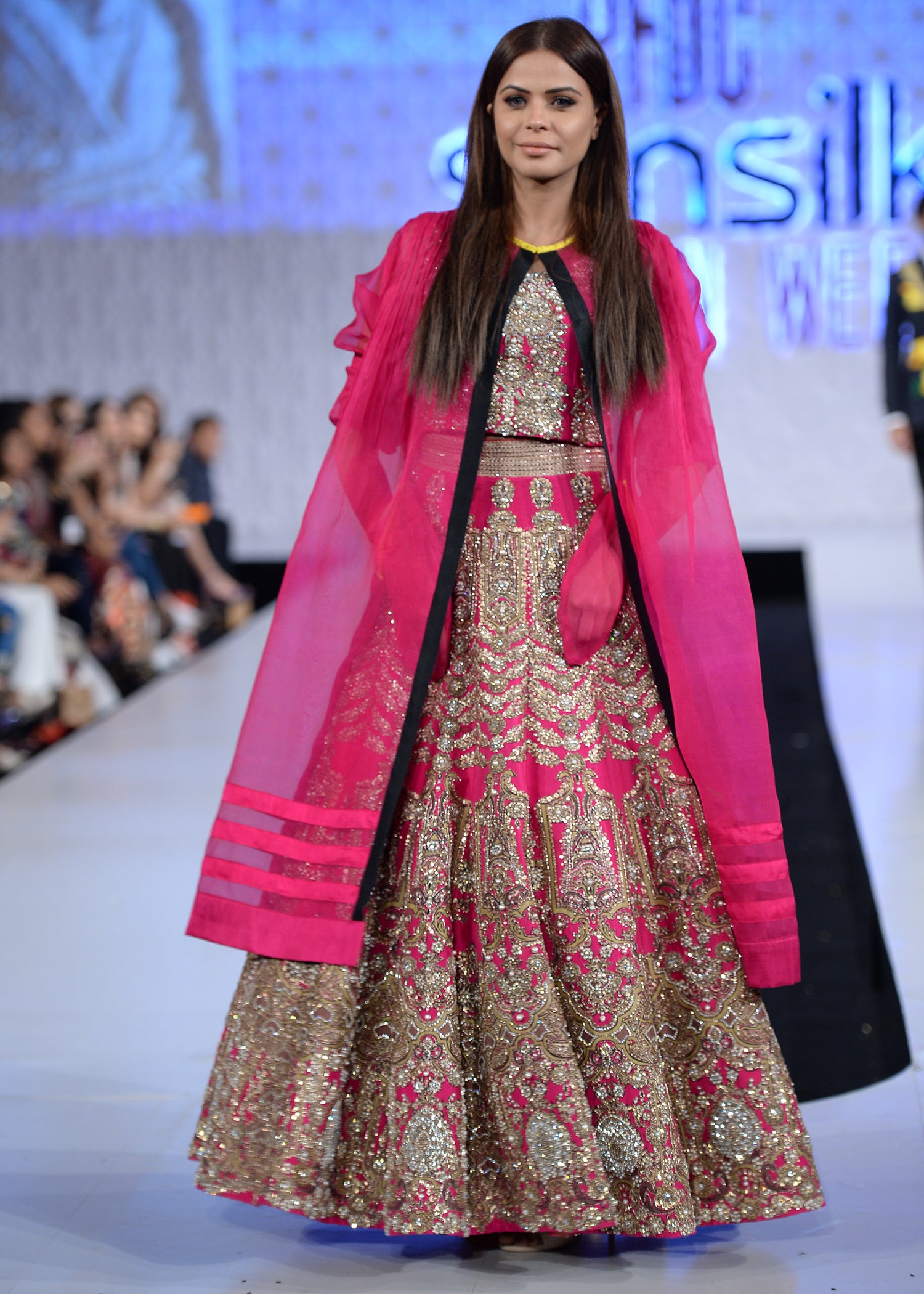 Pakistani Hot Pink Embellished Net & Silk Lehenga (2-Piece) - Image 1