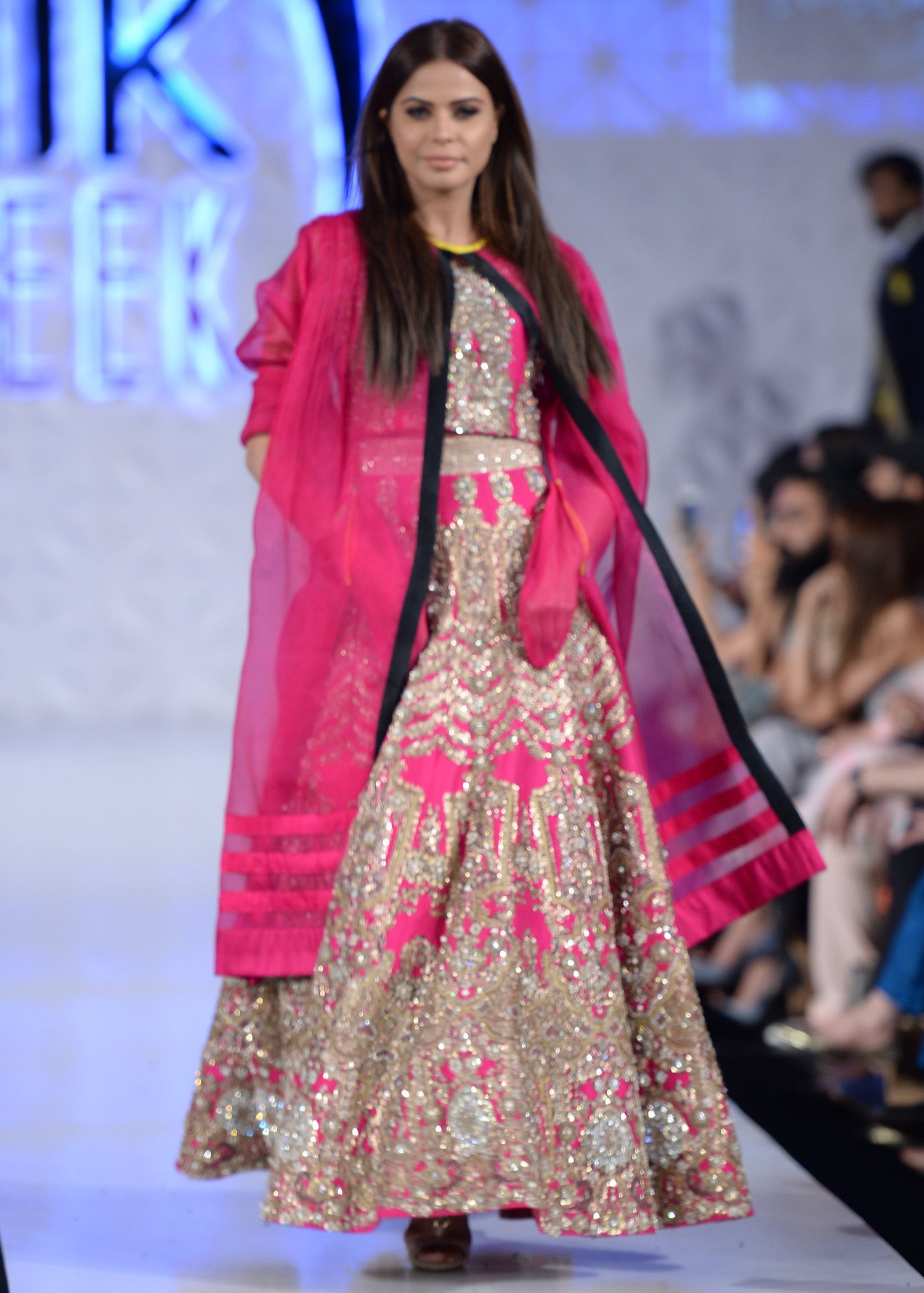 Pakistani Hot Pink Embellished Net & Silk Lehenga (2-Piece) - Image 3