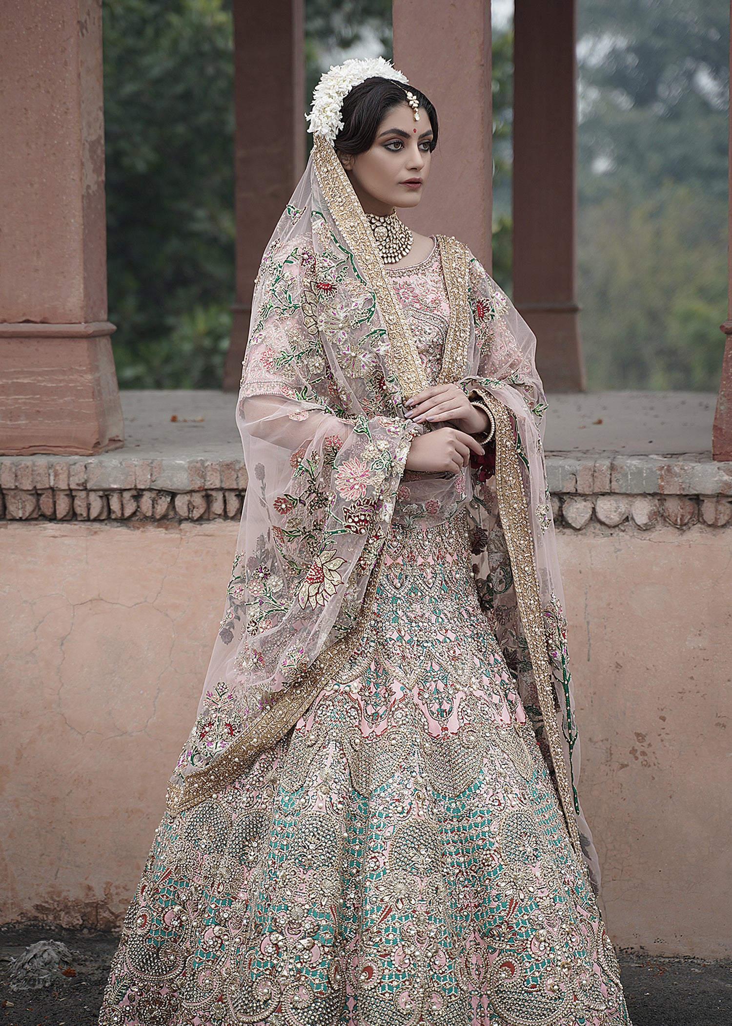 Pakistani Blush Pink Zardozi Net Bridal Lehenga (3-Piece) - Image 3