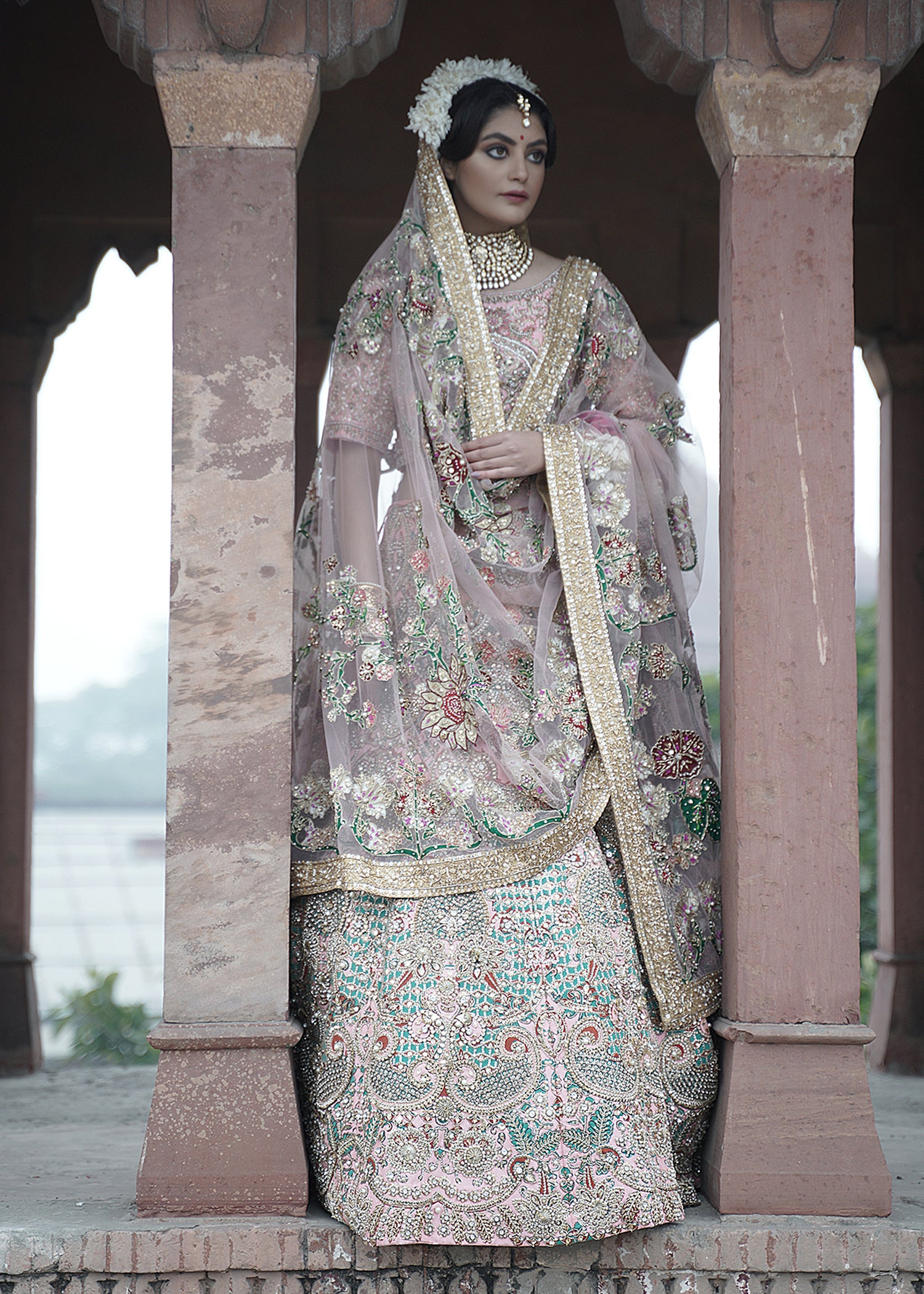 Pakistani Blush Pink Zardozi Net Bridal Lehenga (3-Piece) - Image 4