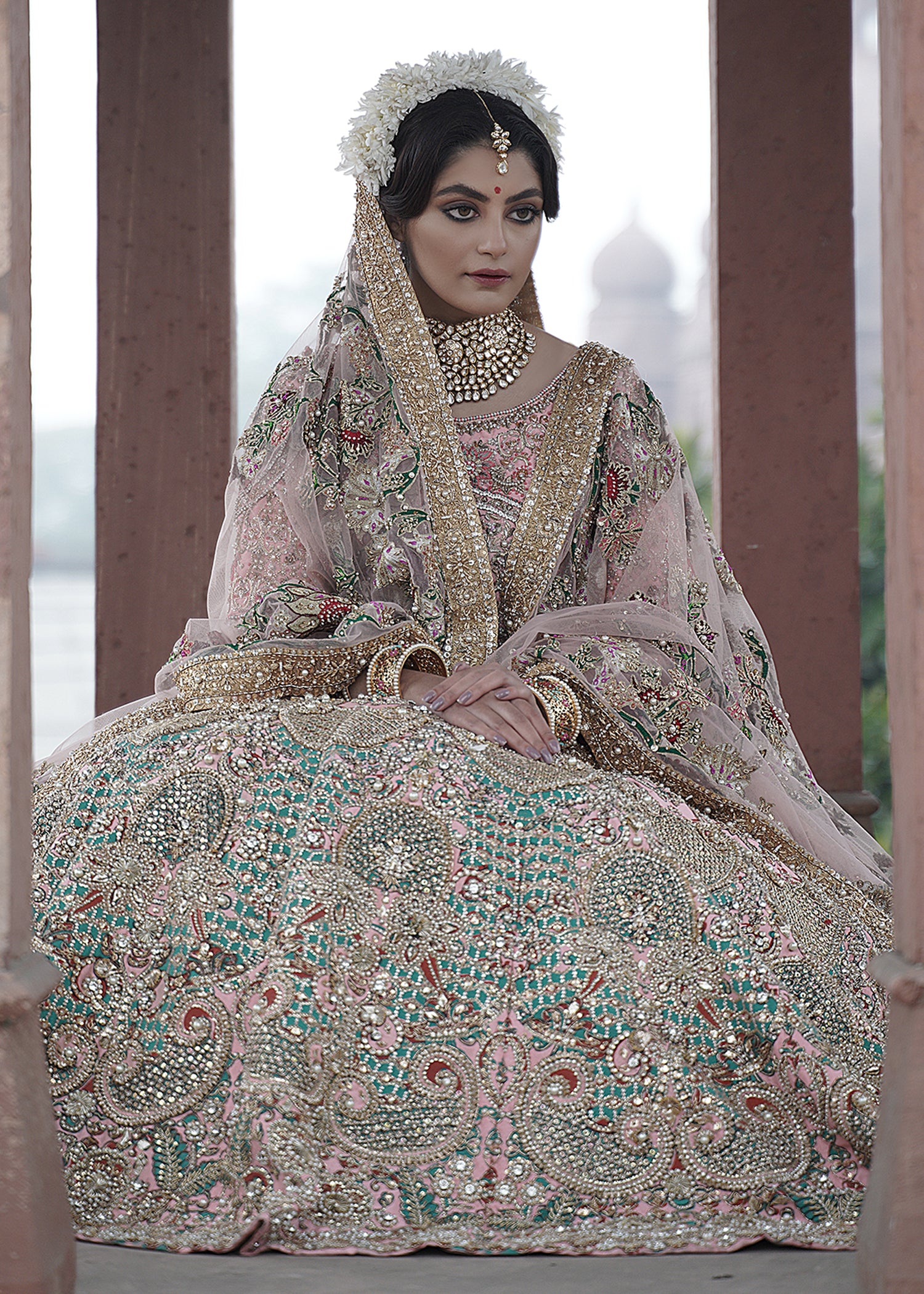 Pakistani Blush Pink Zardozi Net Bridal Lehenga (3-Piece) - Image 5