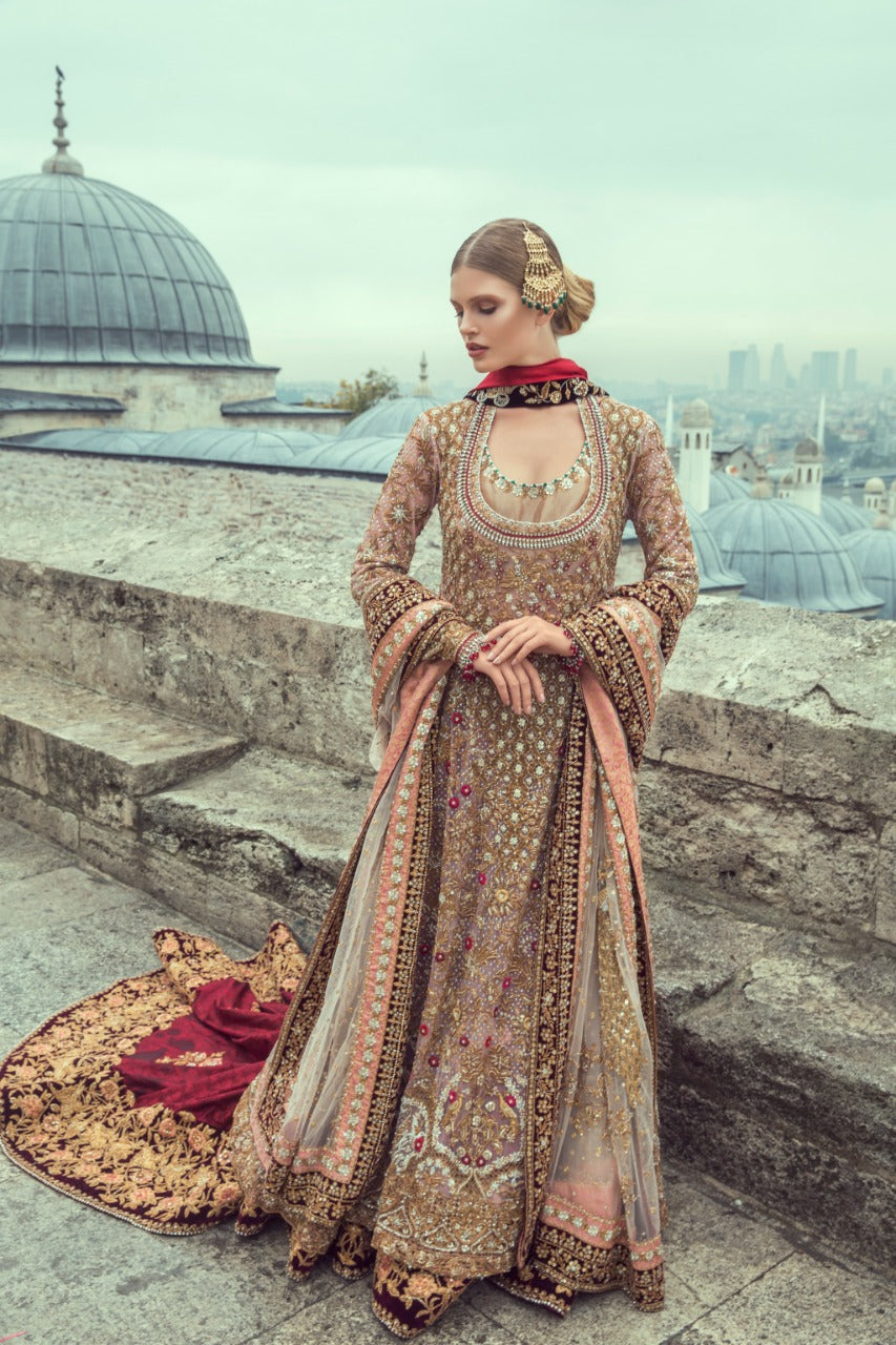 Pakistani Blush Pink Zardozi Net & Velvet Bridal Lehenga (3-Piece) - Image 1