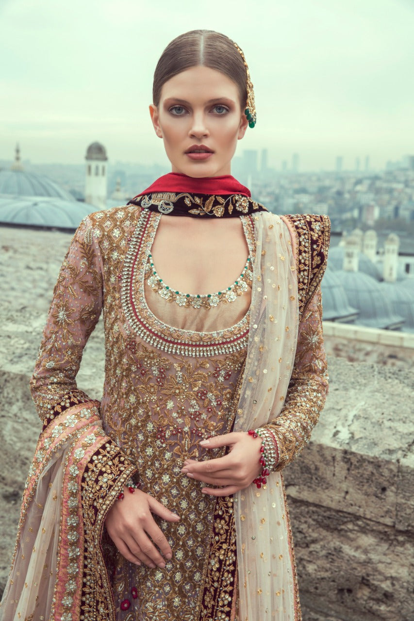 Pakistani Blush Pink Zardozi Net & Velvet Bridal Lehenga (3-Piece) - Image 2