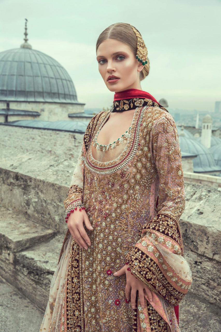 Pakistani Blush Pink Zardozi Net & Velvet Bridal Lehenga (3-Piece) - Image 3