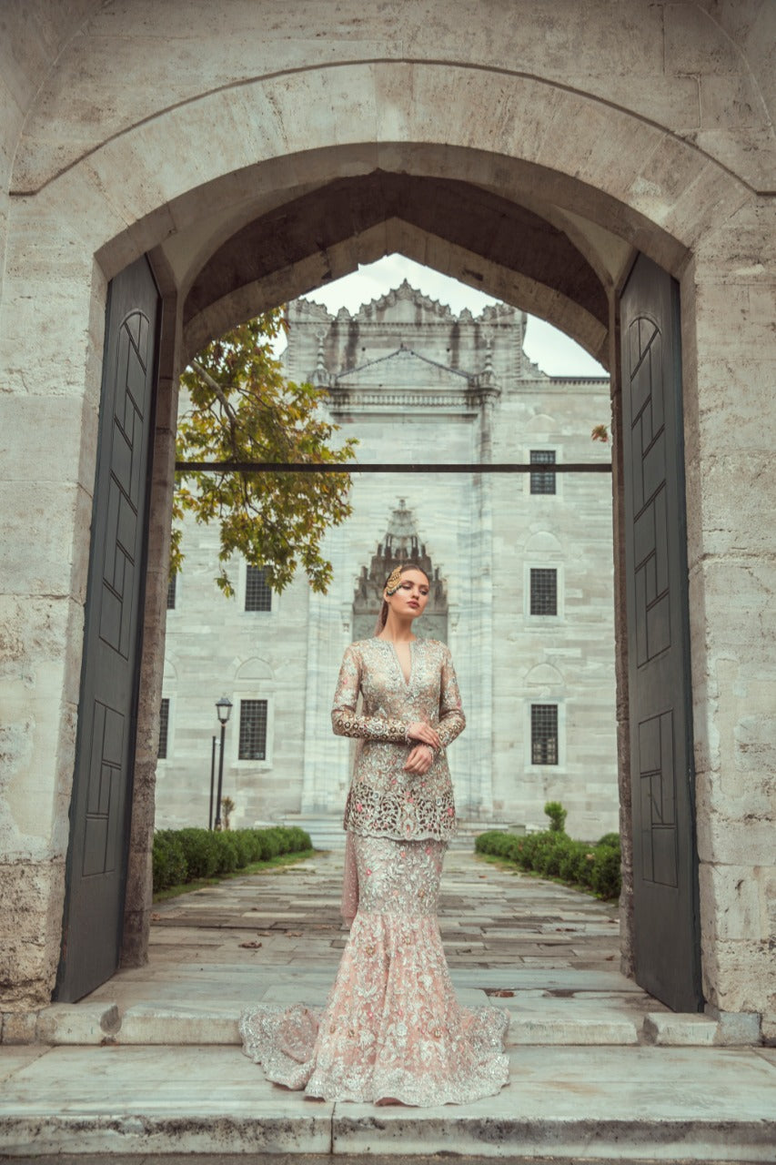 Pakistani Blush Pink Zardozi Net Lehenga Set (3-Piece) - Image 1