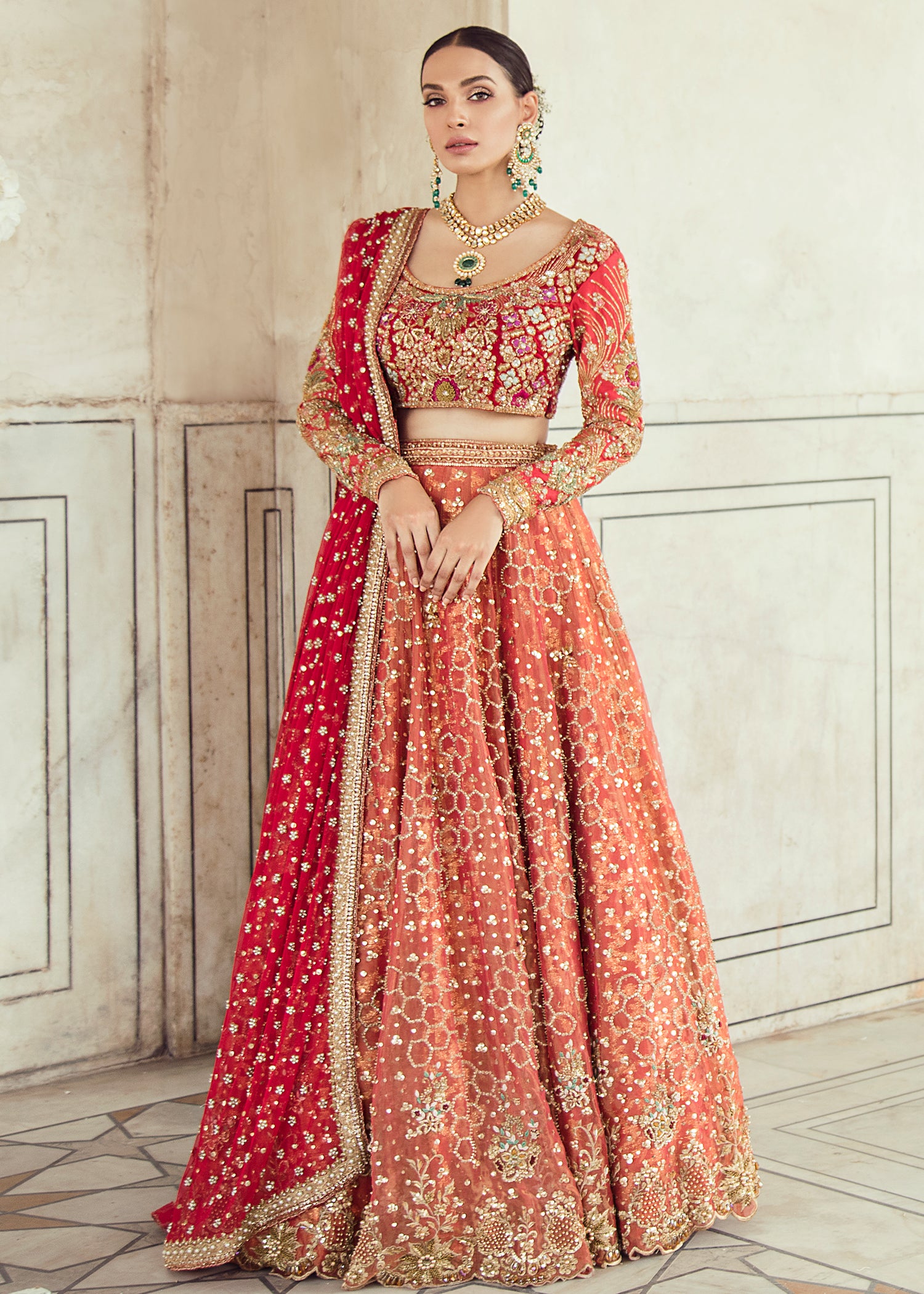 Red and Peach Embellished Net Silk Bridal Lehenga (3-Piece) - Image 1