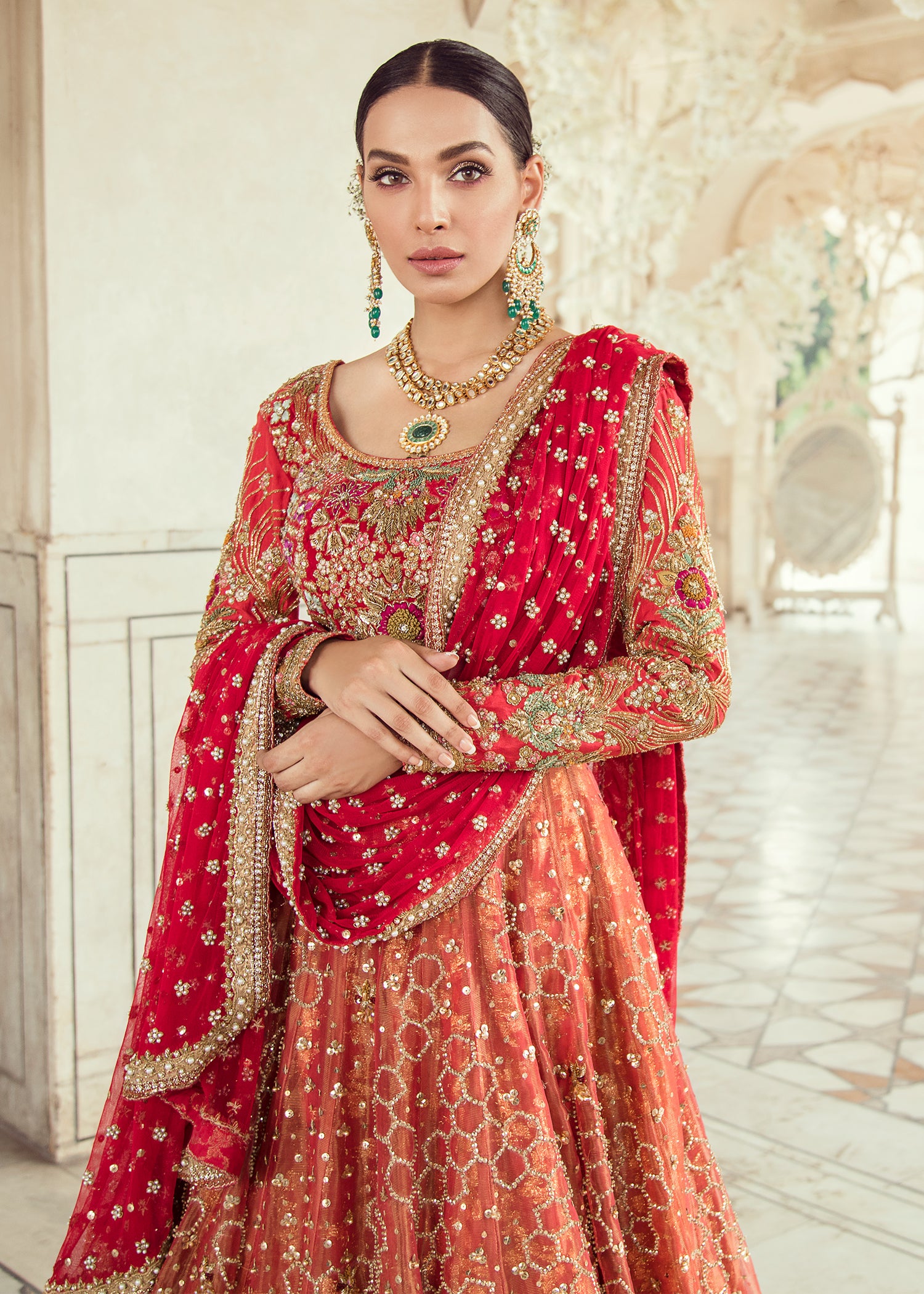 Red and Peach Embellished Net Silk Bridal Lehenga (3-Piece) - Image 2