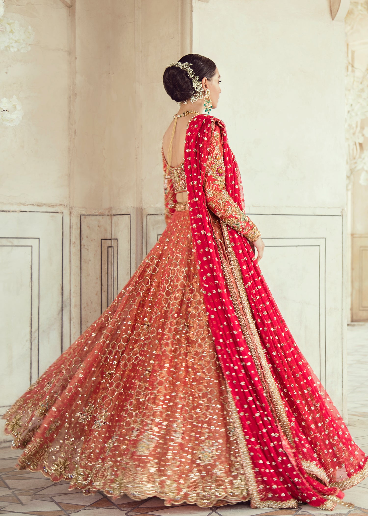 Red and Peach Embellished Net Silk Bridal Lehenga (3-Piece) - Image 3