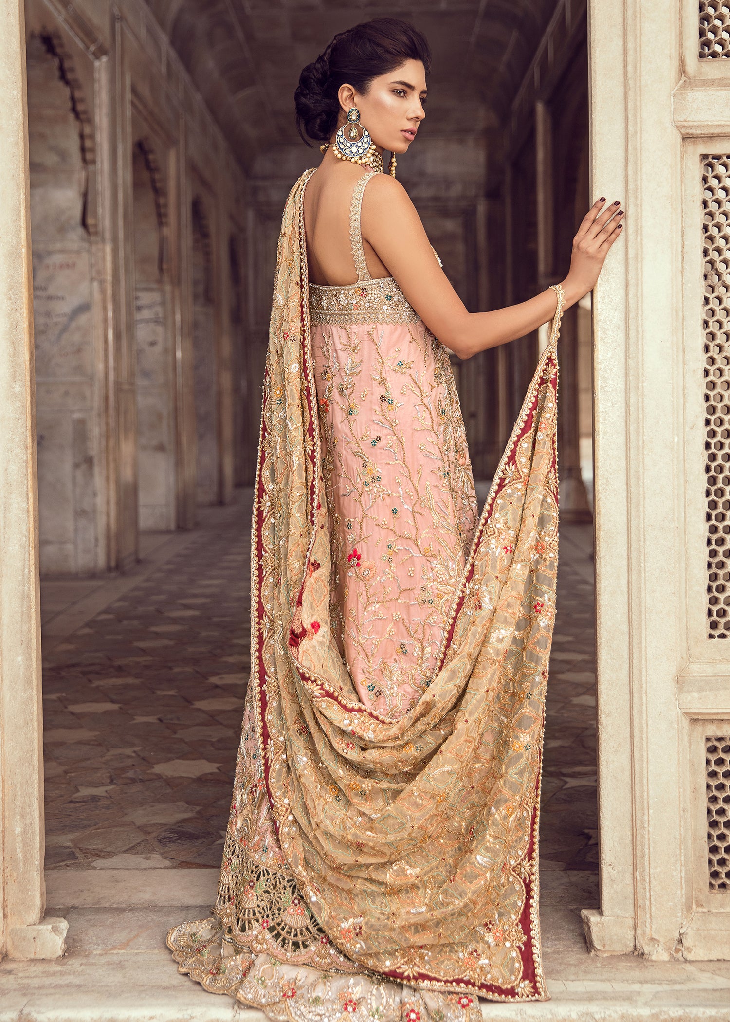 Pakistani Blush Pink and Olive Green Embroidered Bridal Lehenga (3-Piece) - Image 3