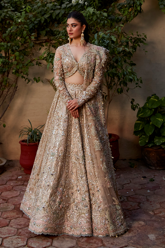 Apricot Pink Embellished Net Lehenga Choli (3-Piece) - Image 1