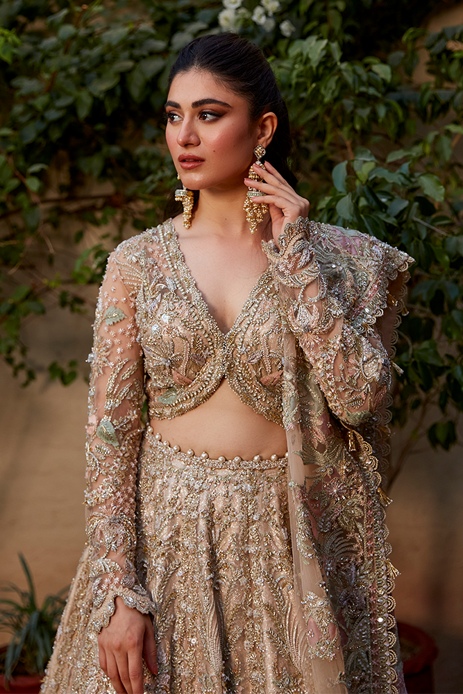 Apricot Pink Embellished Net Lehenga Choli (3-Piece) - Image 4