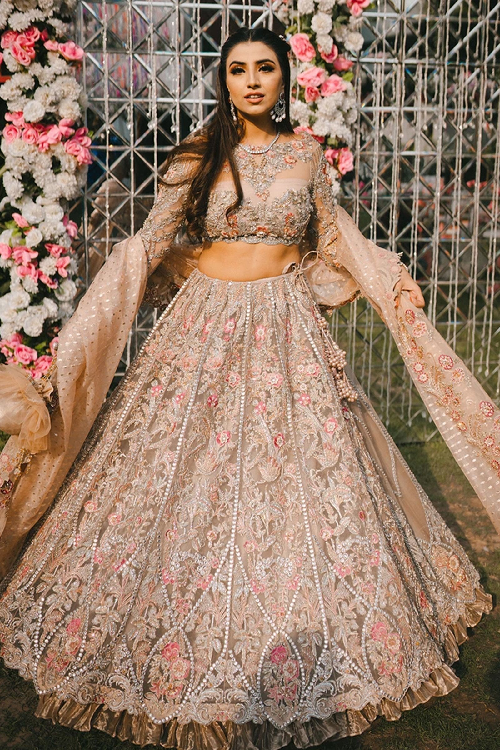 Dusty Pink Zardozi Net Bridal Lehenga (3-Piece) - Image 1