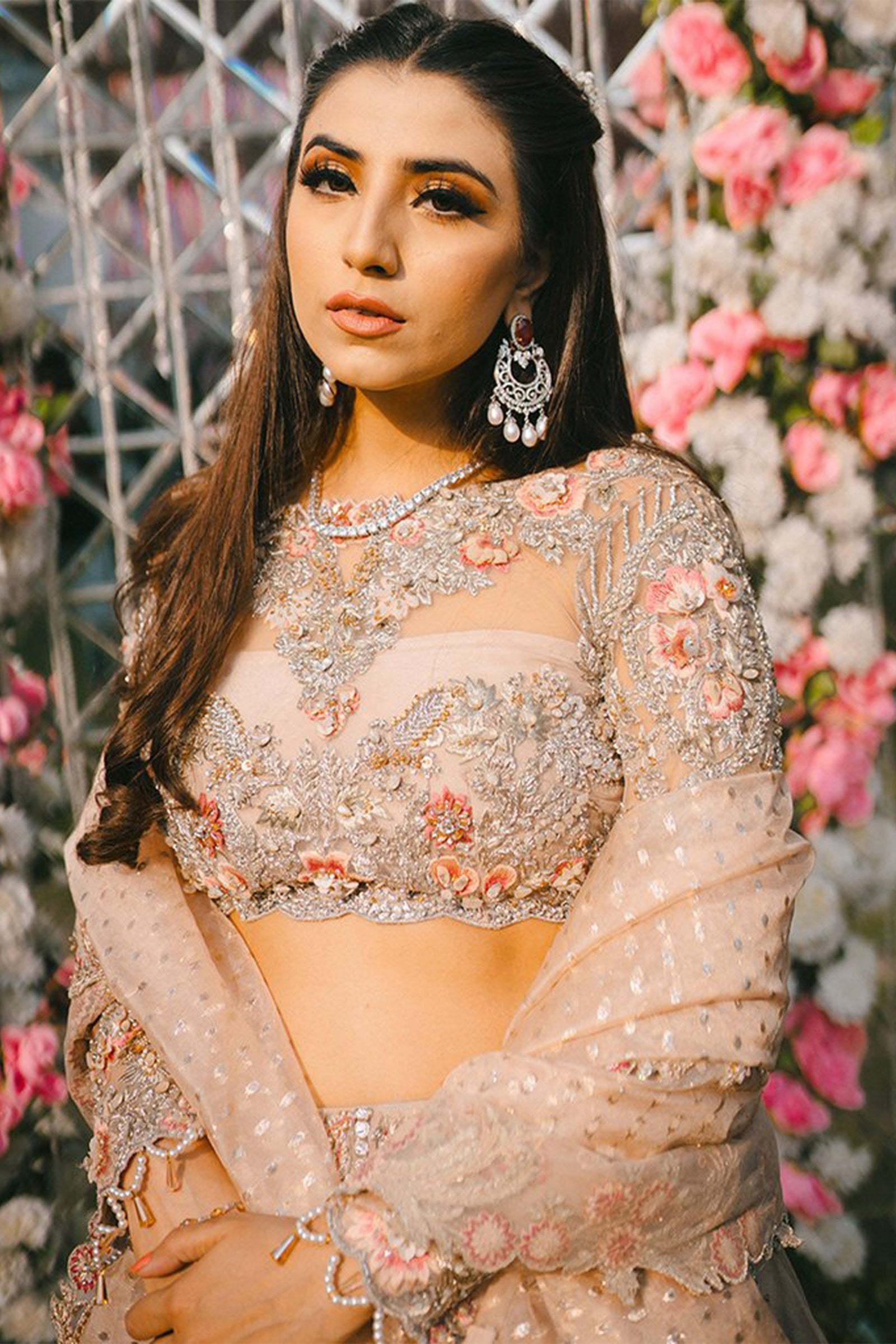 Dusty Pink Zardozi Net Bridal Lehenga (3-Piece) - Image 2