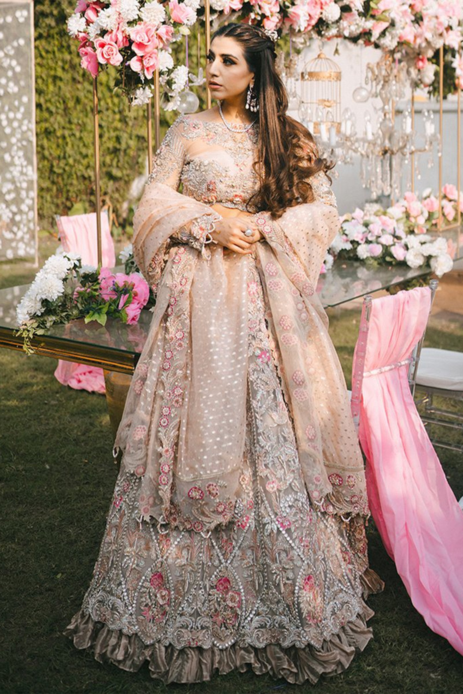 Dusty Pink Zardozi Net Bridal Lehenga (3-Piece) - Image 3