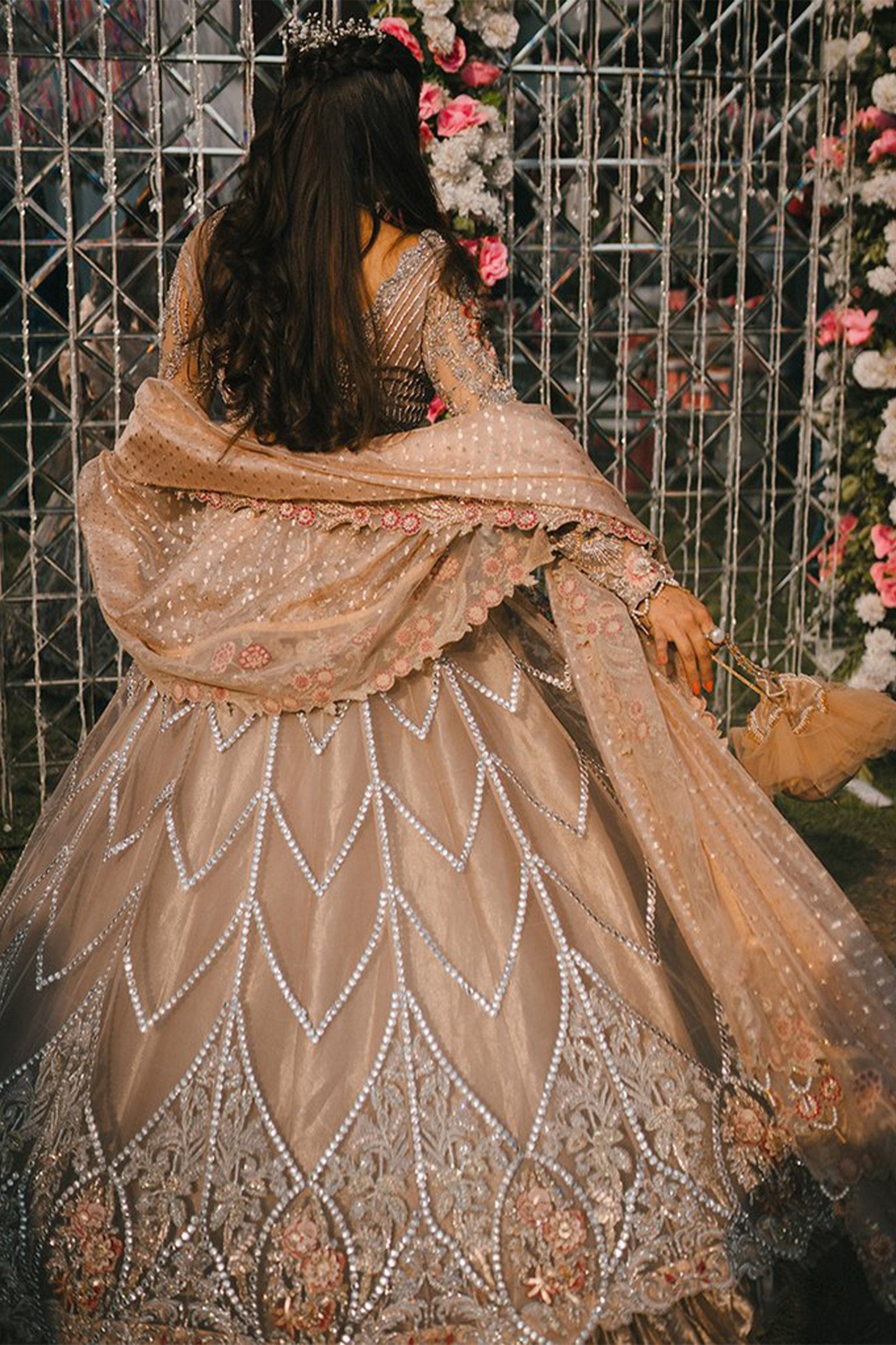 Dusty Pink Zardozi Net Bridal Lehenga (3-Piece) - Image 4