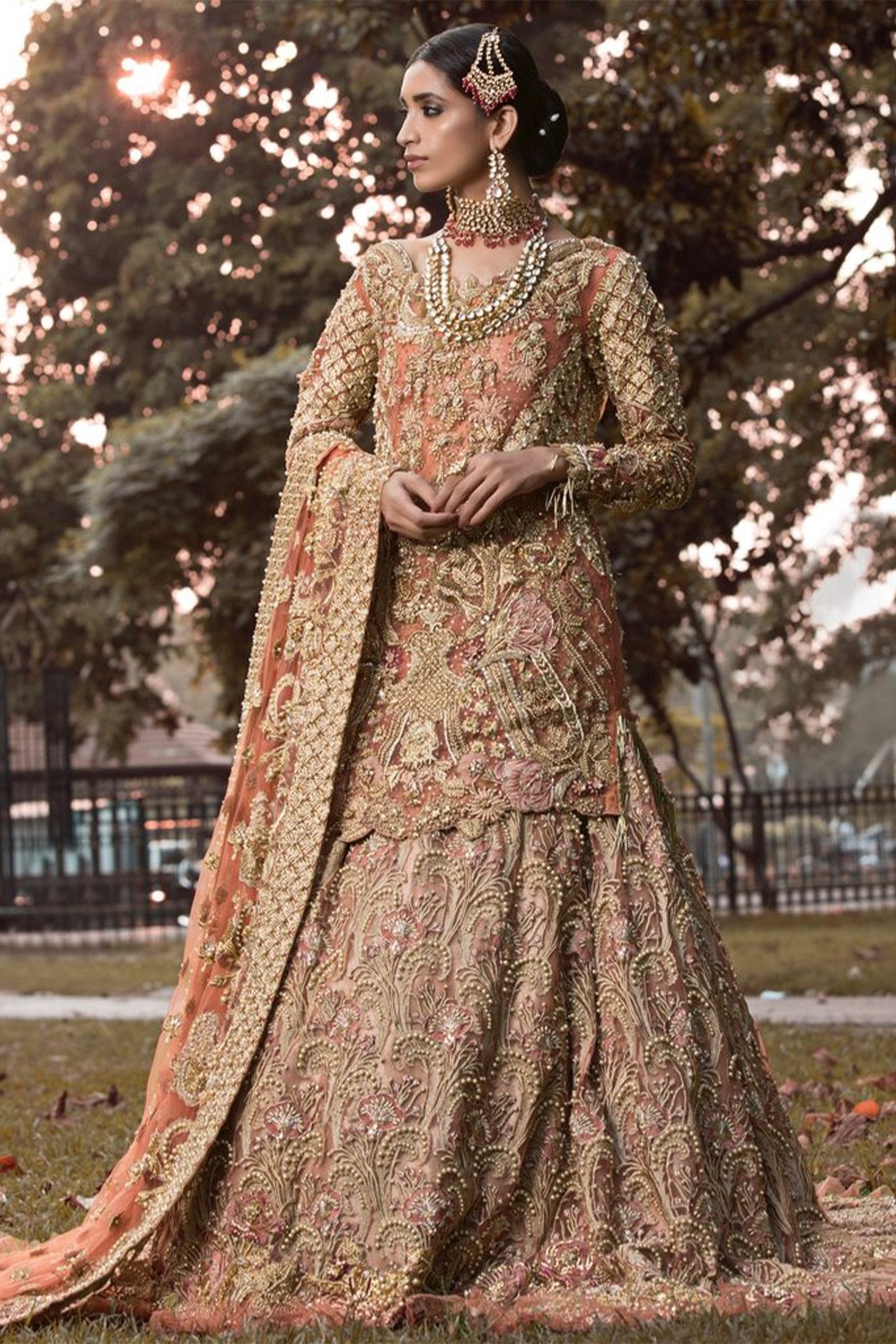 Pakistani Coral Zardozi Net Lehenga Set (3-Piece) - Image 1