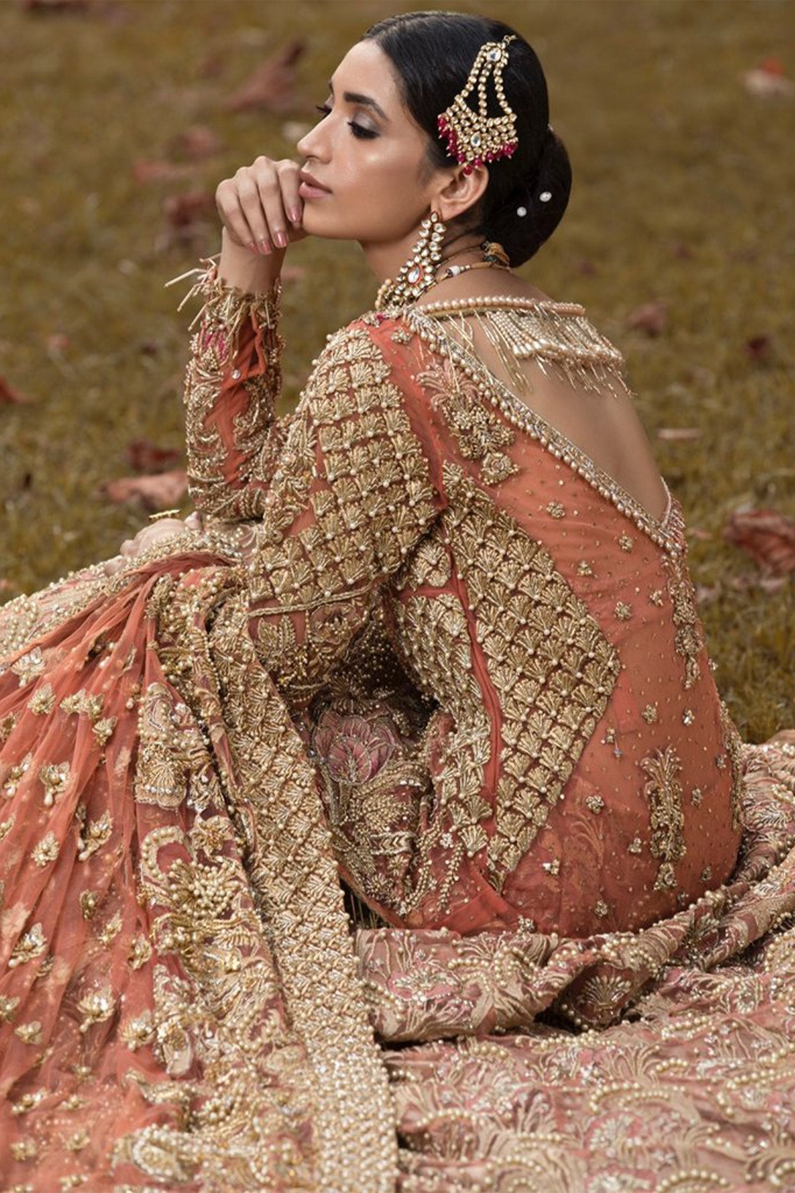 Pakistani Coral Zardozi Net Lehenga Set (3-Piece) - Image 2