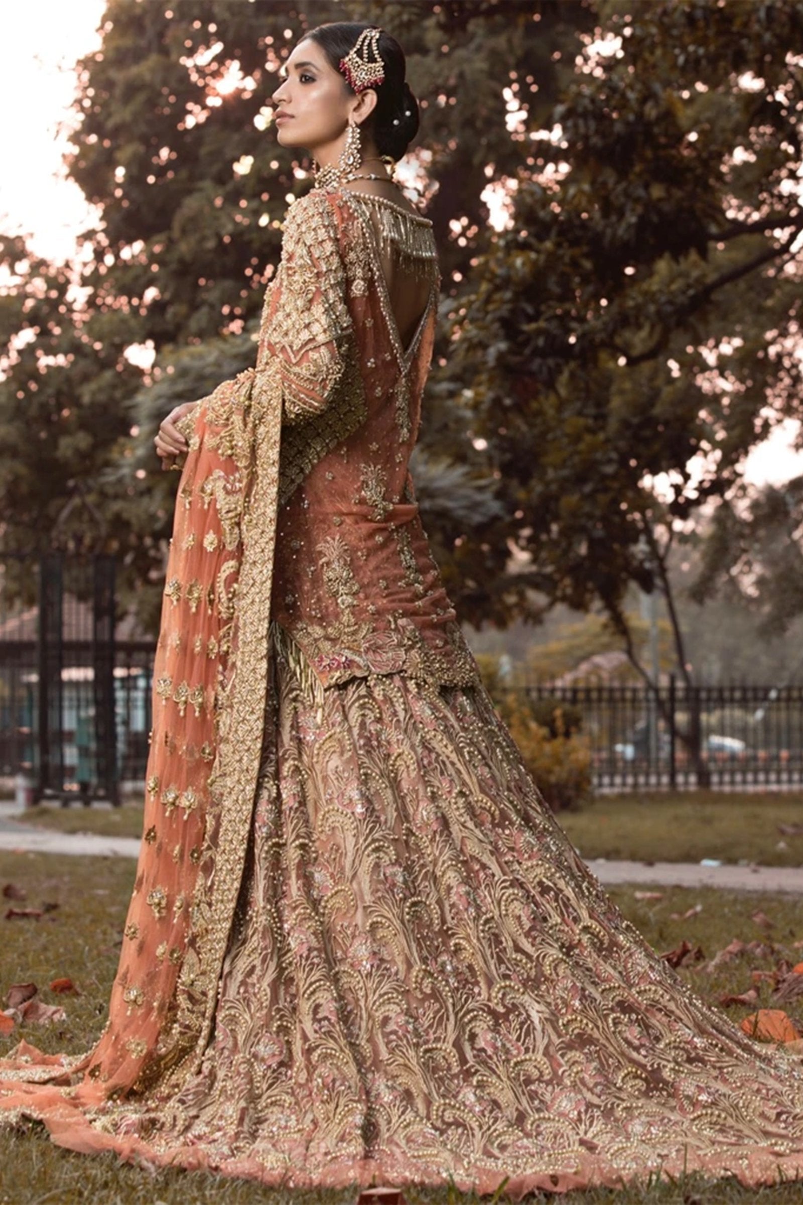Pakistani Coral Zardozi Net Lehenga Set (3-Piece) - Image 3