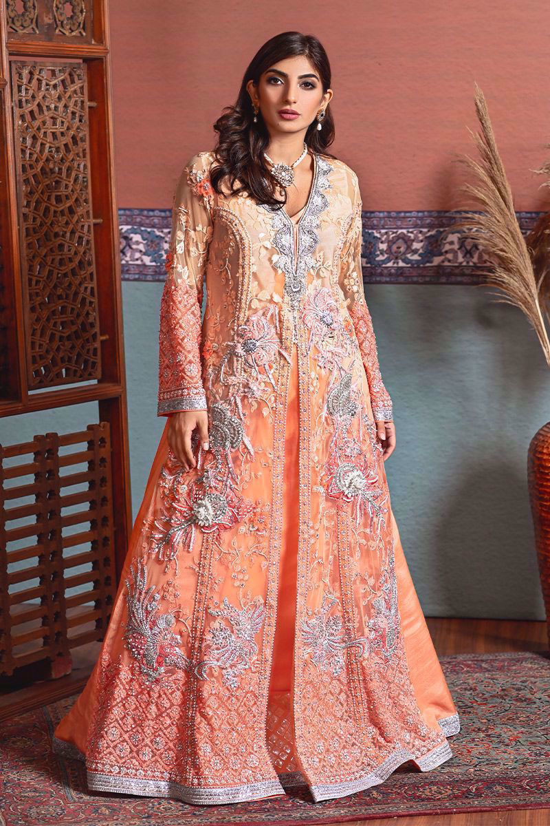 Pakistani Coral Pink Embroidered Net & Silk Lehenga (2-Piece) - Image 1
