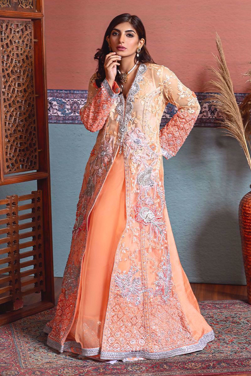 Pakistani Coral Pink Embroidered Net & Silk Lehenga (2-Piece) - Image 2