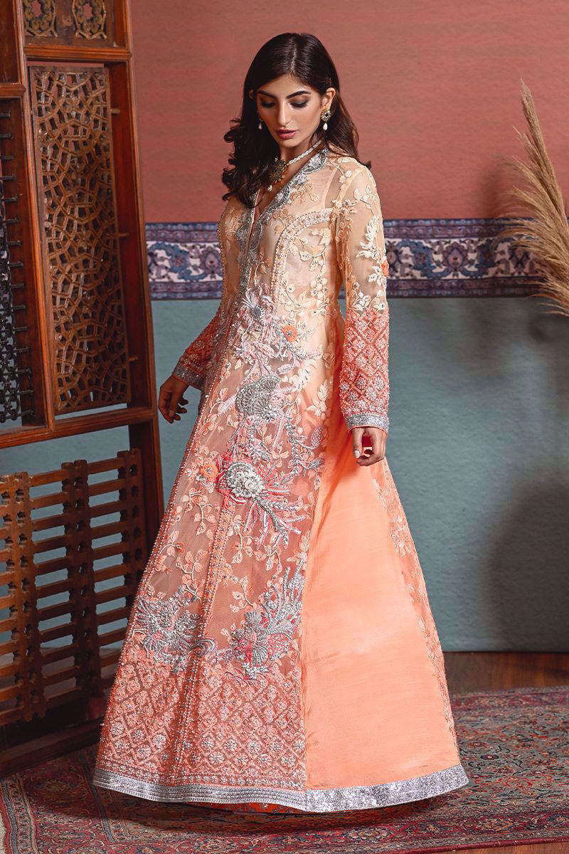 Pakistani Coral Pink Embroidered Net & Silk Lehenga (2-Piece) - Image 3