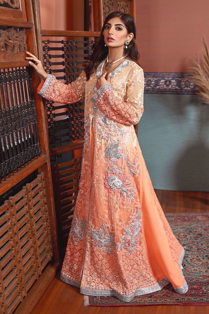 Pakistani Coral Pink Embroidered Net & Silk Lehenga (2-Piece) - Image 4