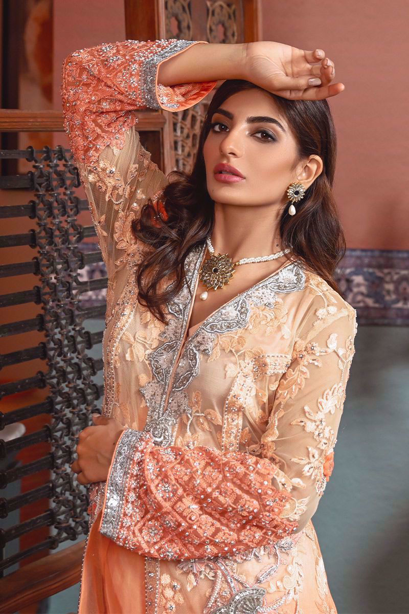 Pakistani Coral Pink Embroidered Net & Silk Lehenga (2-Piece) - Image 5