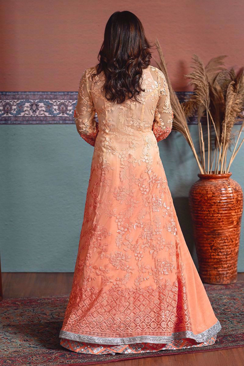 Pakistani Coral Pink Embroidered Net & Silk Lehenga (2-Piece) - Image 6