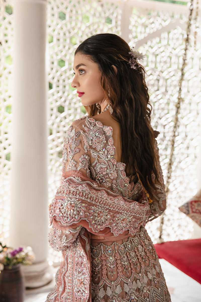 Pakistani Peach Embellished Net Bridal Lehenga Gown (3-Piece) - Image 1