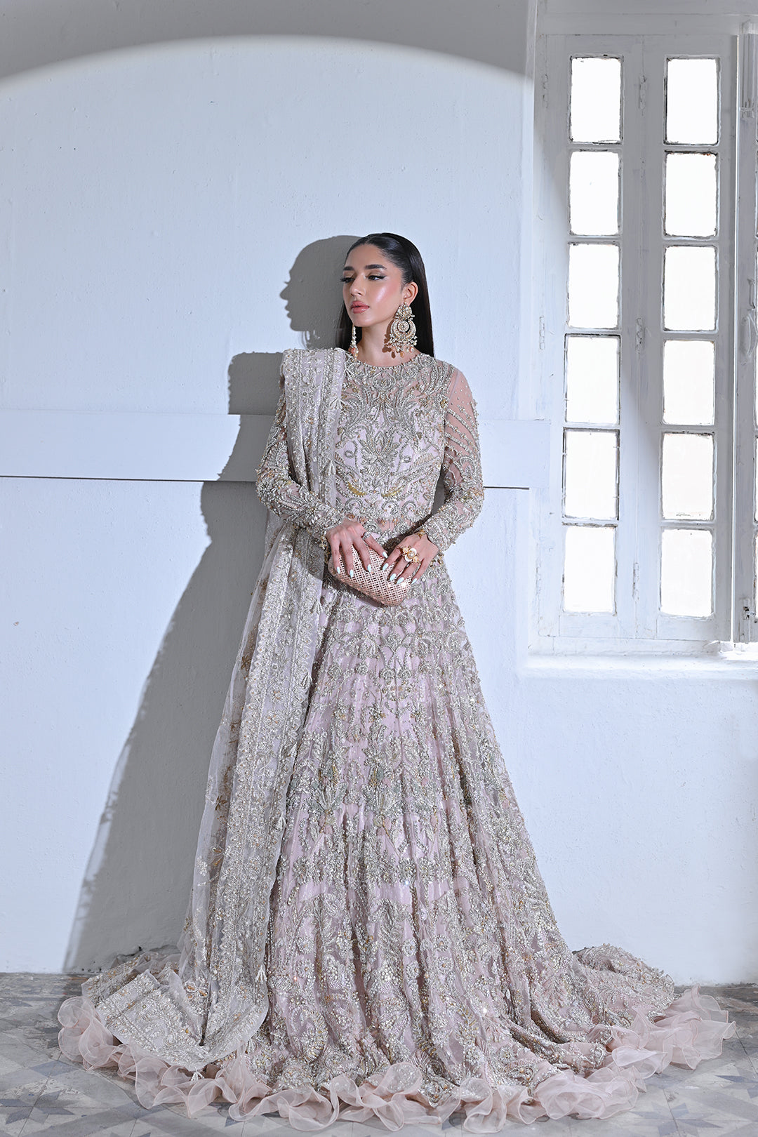 Soft Pink Embellished Net Bridal Lehenga (3-Piece) - Image 1