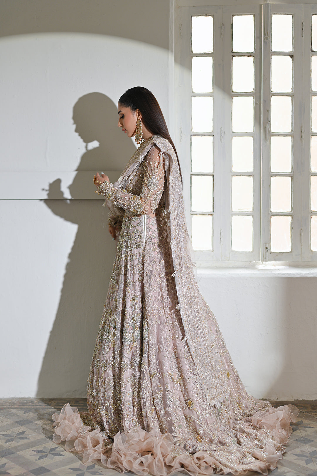 Soft Pink Embellished Net Bridal Lehenga (3-Piece) - Image 5