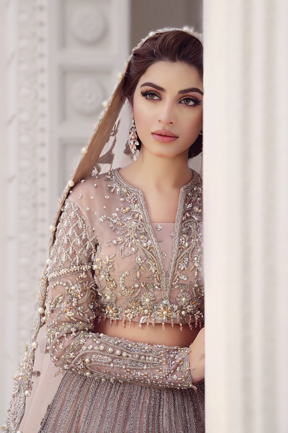 Dusty Pink Embroidered Net Bridal Lehenga (3-Piece) - Image 5