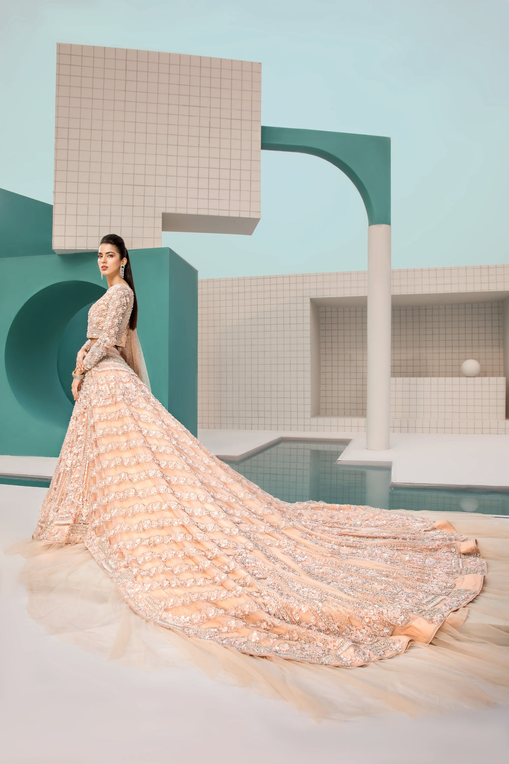 Pakistani Peach Embellished Net Silk Bridal Lehenga (3-Piece) - Image 3