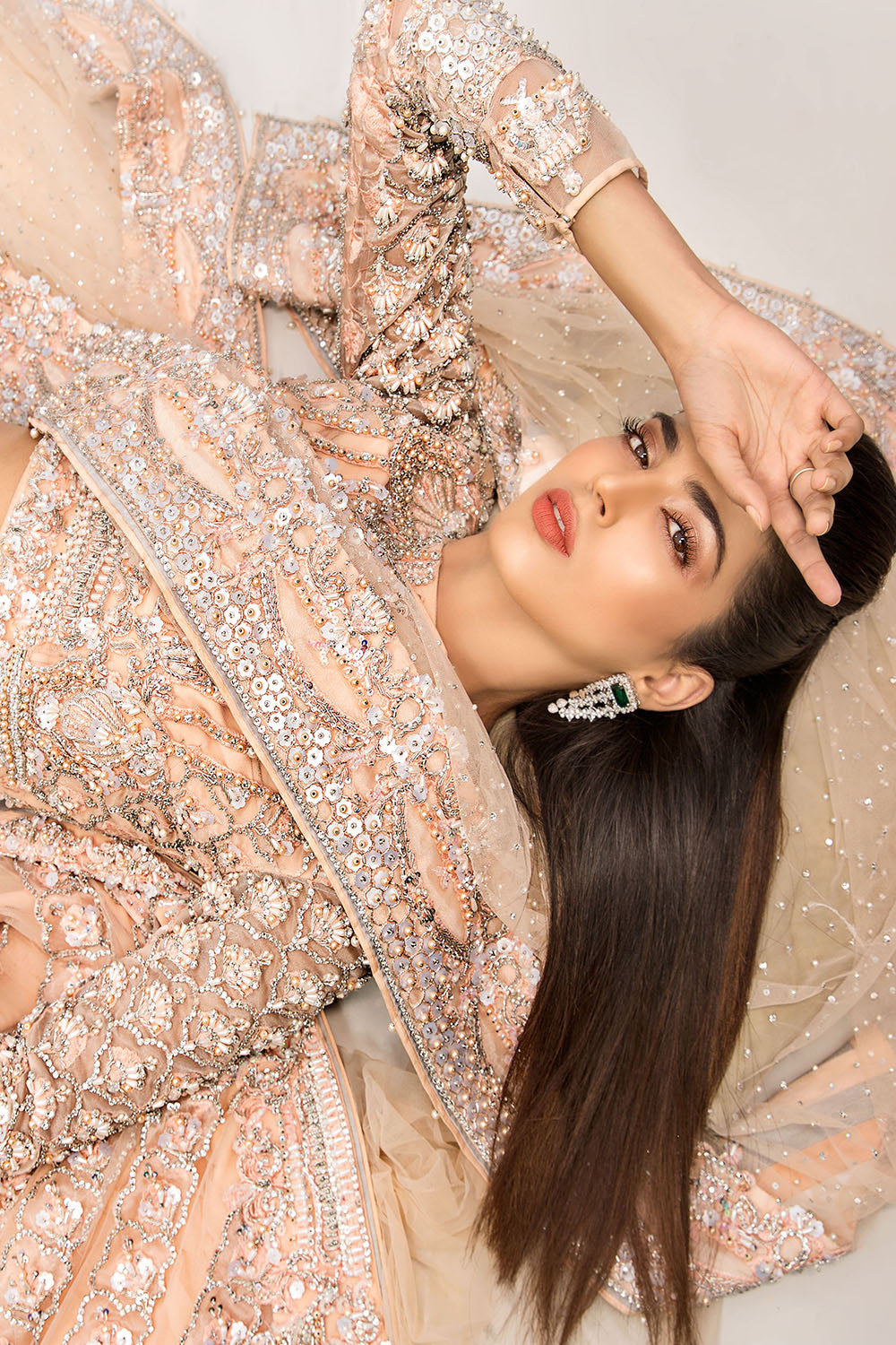 Pakistani Peach Embellished Net Silk Bridal Lehenga (3-Piece) - Image 4