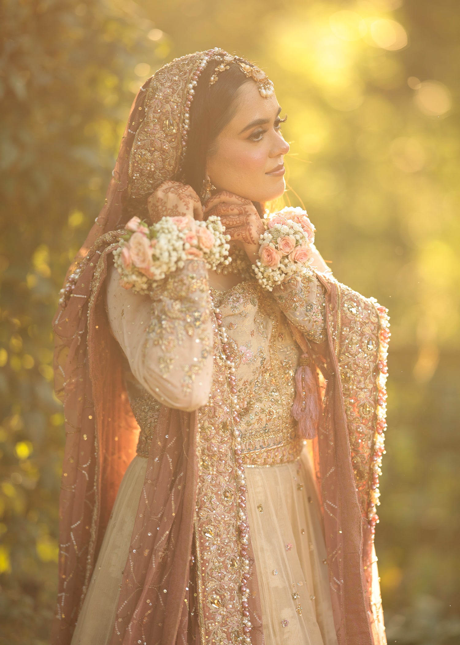 Pakistani Blush Pink Embroidered Net Bridal Lehenga (3-Piece) - Image 1