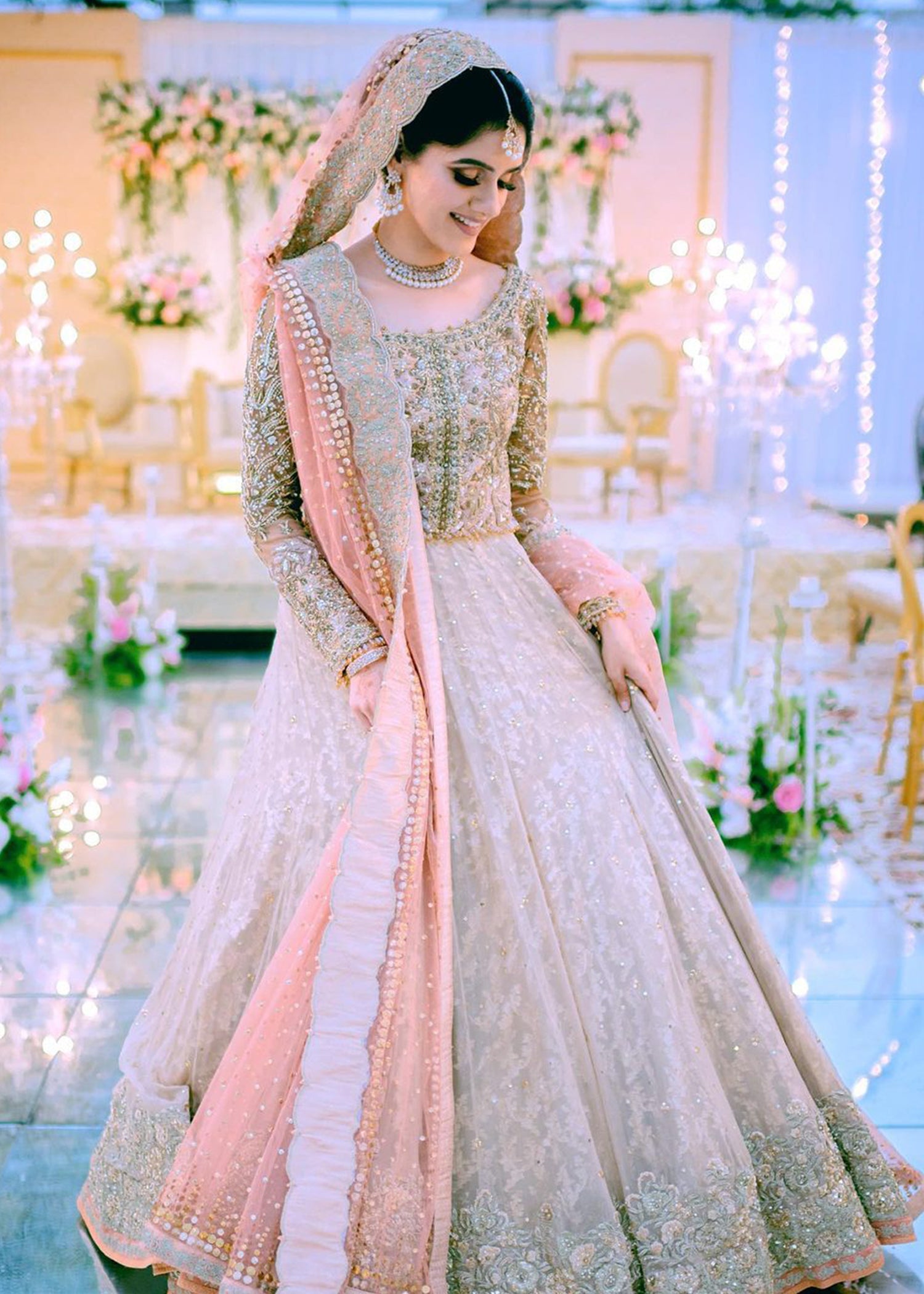 Pakistani Blush Pink Silver Embellished Net Silk Lehenga (3-Piece) - Image 1