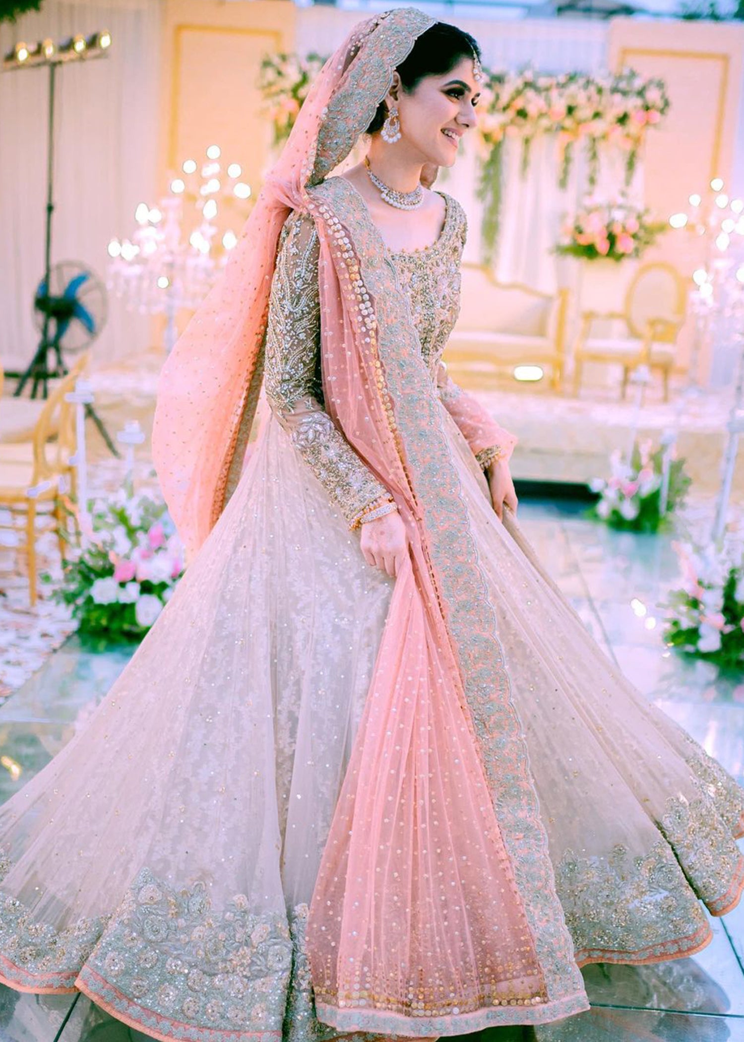 Pakistani Blush Pink Silver Embellished Net Silk Lehenga (3-Piece) - Image 2