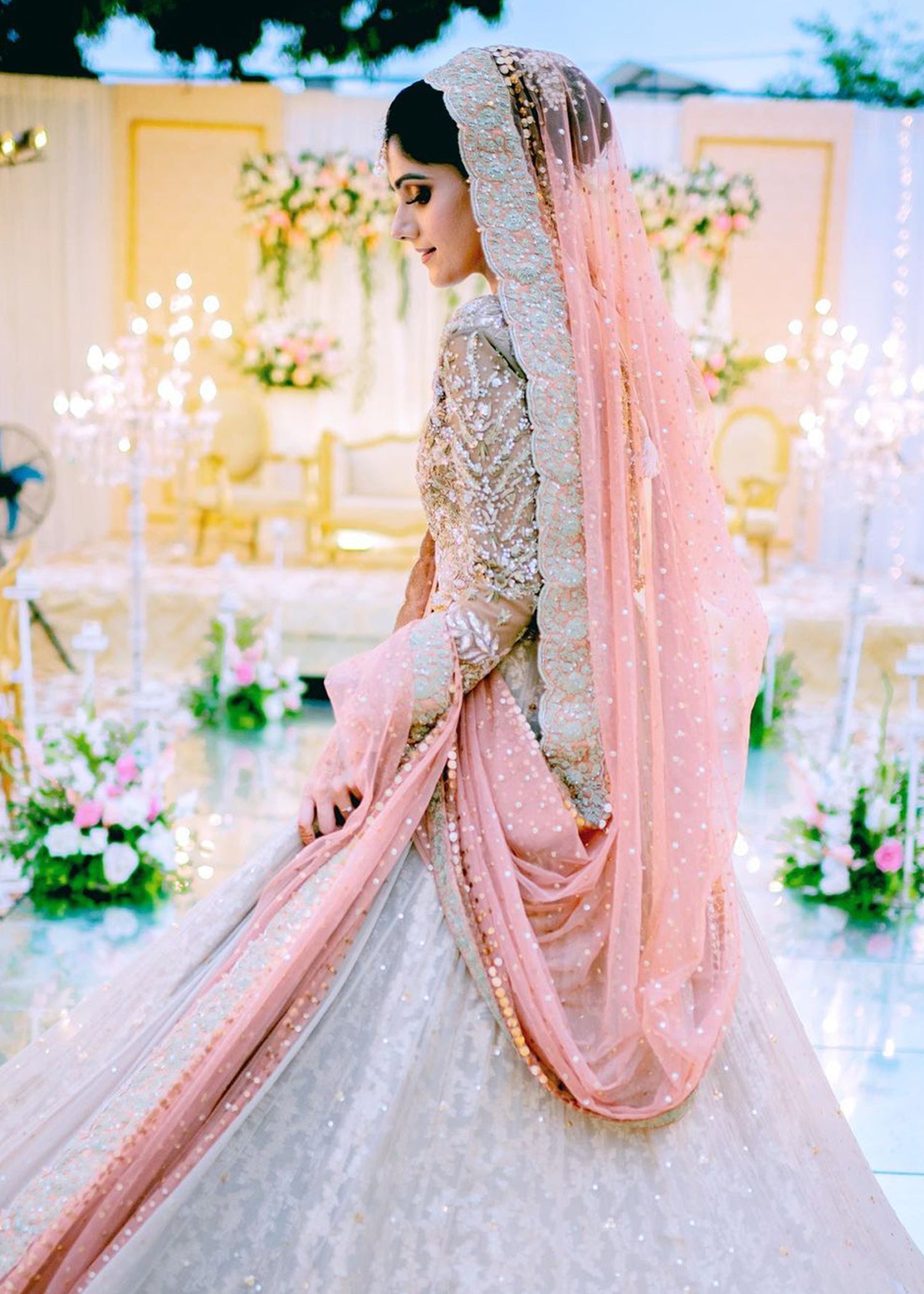 Pakistani Blush Pink Silver Embellished Net Silk Lehenga (3-Piece) - Image 4
