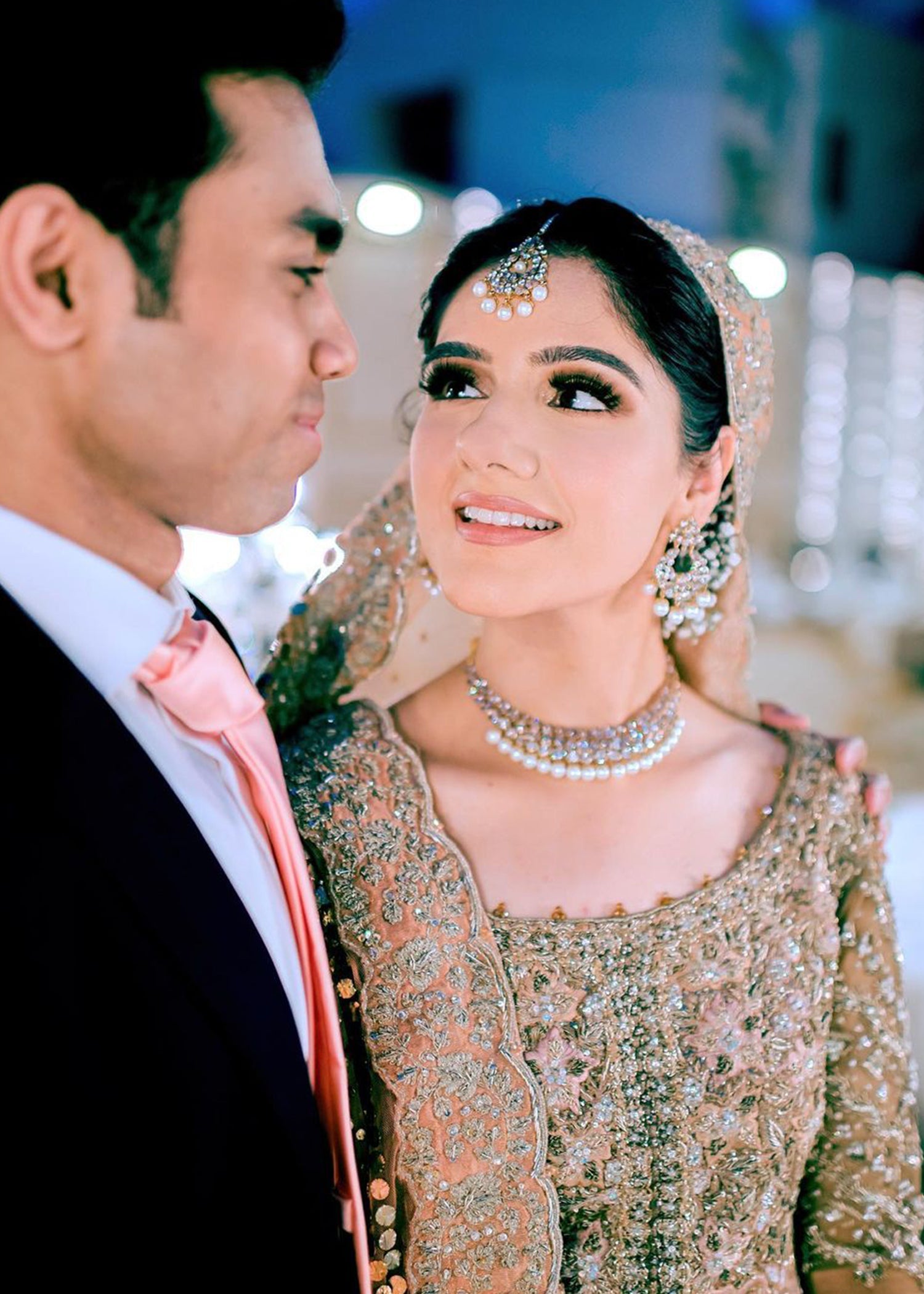 Pakistani Blush Pink Silver Embellished Net Silk Lehenga (3-Piece) - Image 6