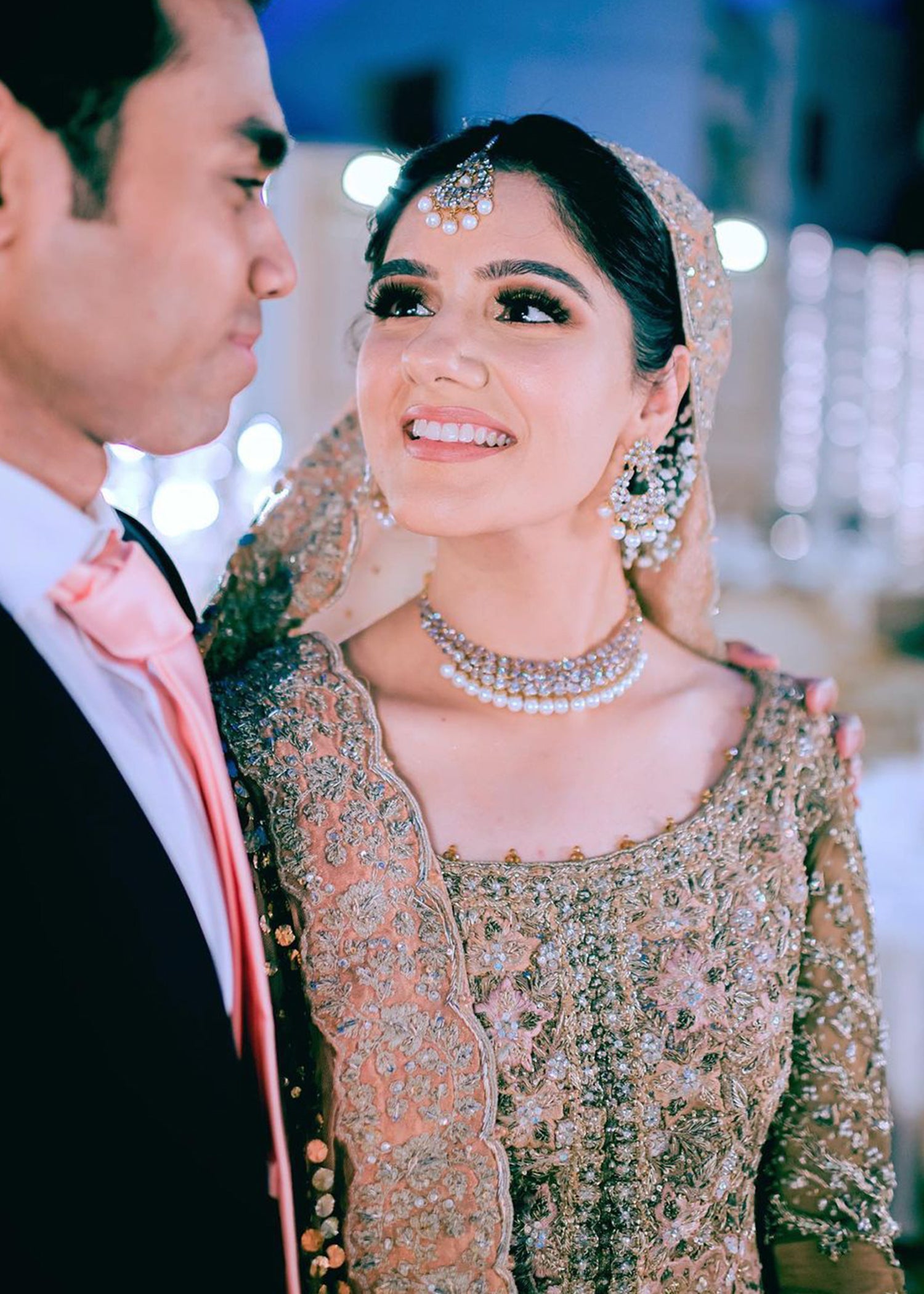 Pakistani Blush Pink Silver Embellished Net Silk Lehenga (3-Piece) - Image 7