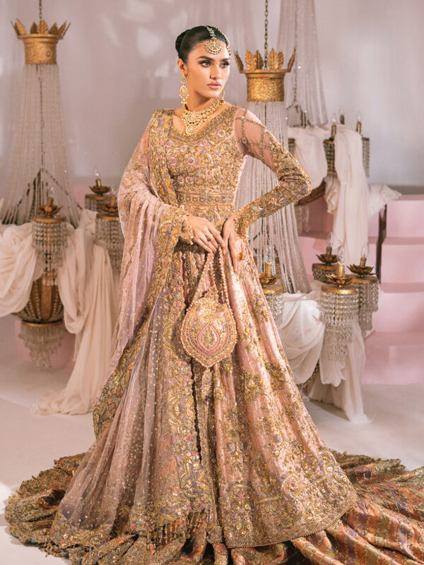 Rose Quartz Gold Zardozi Net Silk Farshi Lehenga (3-Piece)