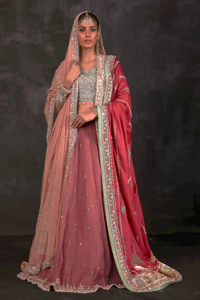 Pakistani Rose Pink Zardozi Net Lehenga Set (3-Piece) - Image 1