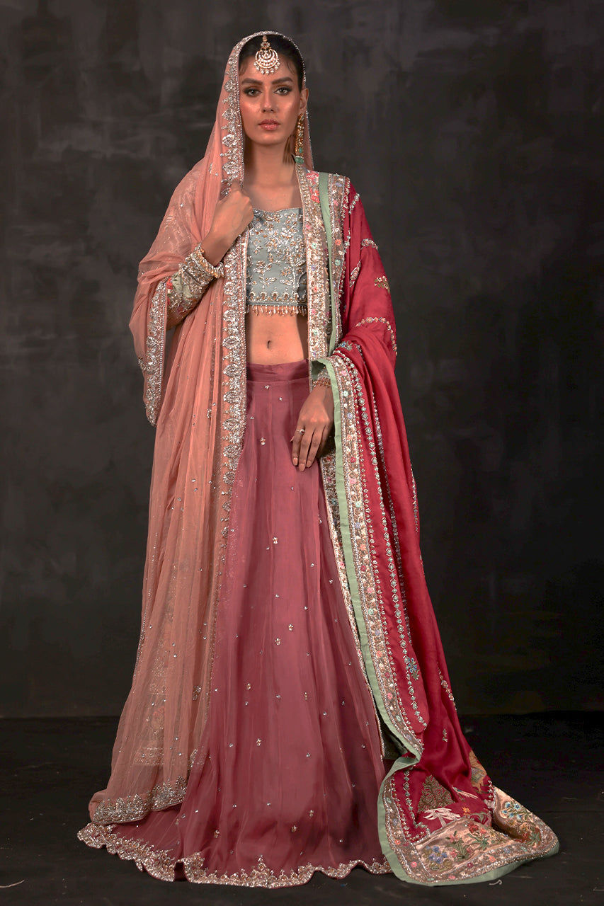 Pakistani Rose Pink Zardozi Net Lehenga Set (3-Piece) - Image 2