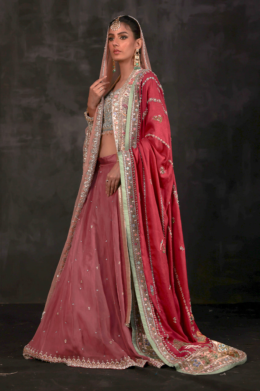 Pakistani Rose Pink Zardozi Net Lehenga Set (3-Piece) - Image 3