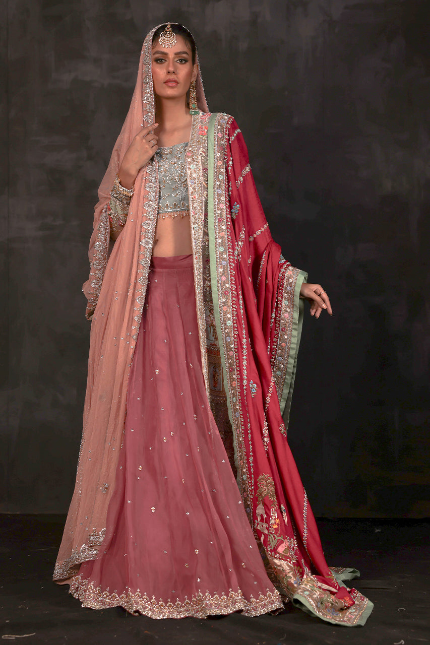 Pakistani Rose Pink Zardozi Net Lehenga Set (3-Piece) - Image 4